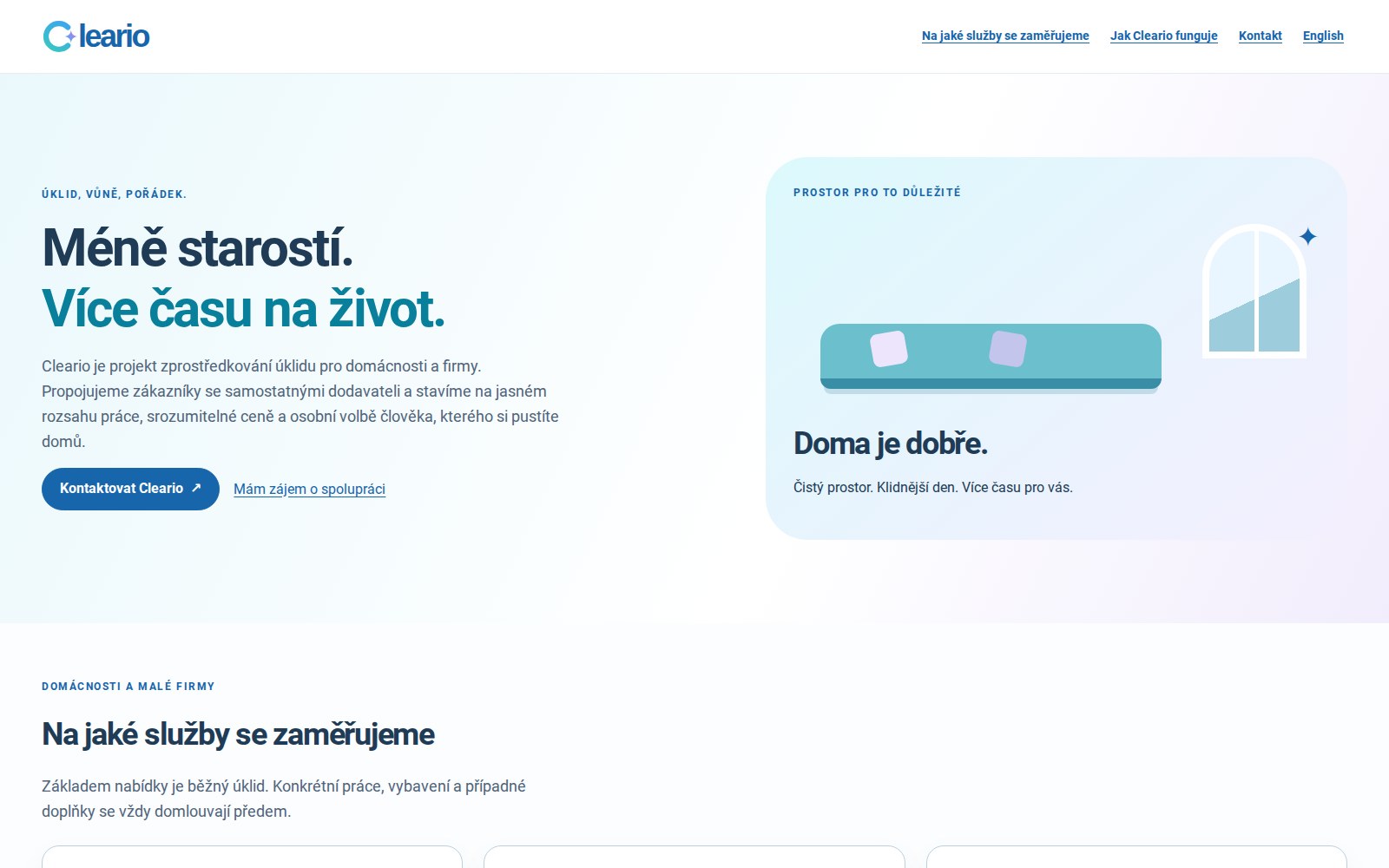 Úvodní stránka Cleario s prezentací úklidových služeb